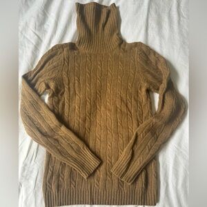 Tan cable knit turtleneck sweater merino wool, angora and cashmere.
